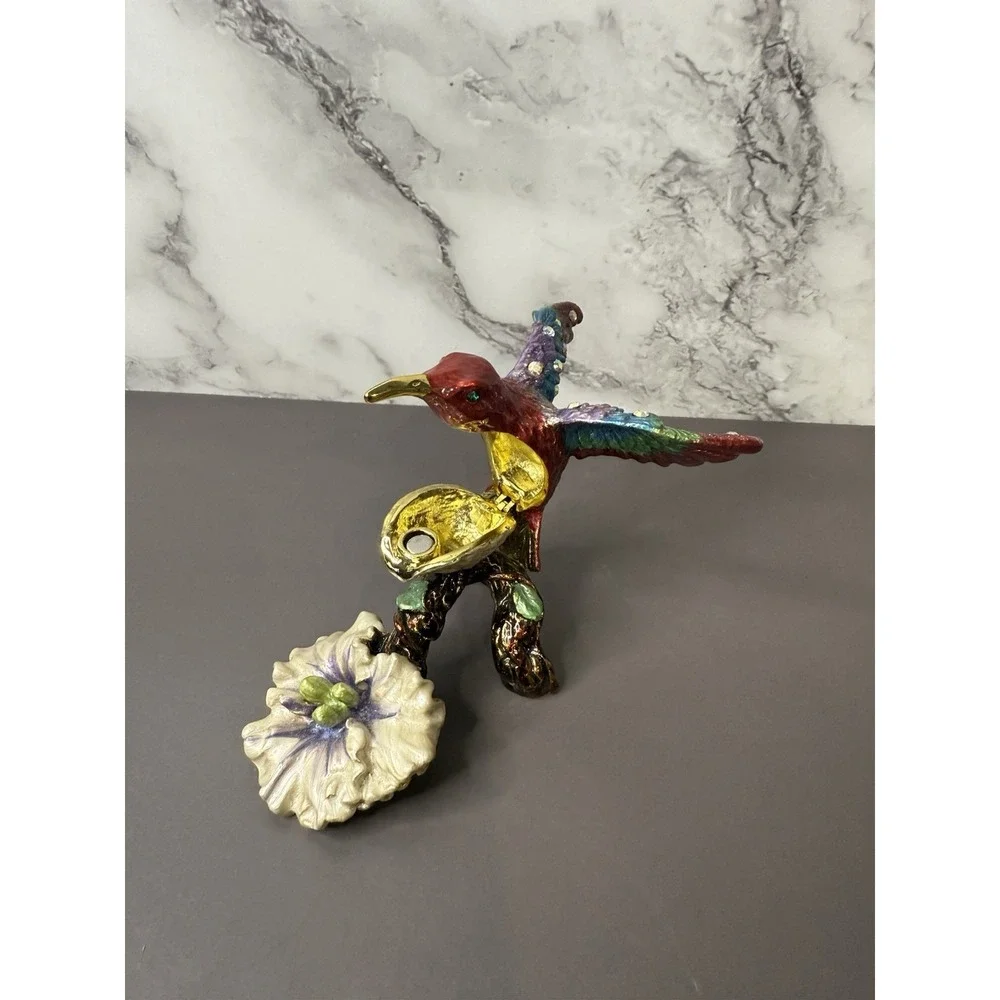 Beautiful Rare Hinged Hummingbird Shiny Jeweled Trinket Box W/Magnetic Clasp